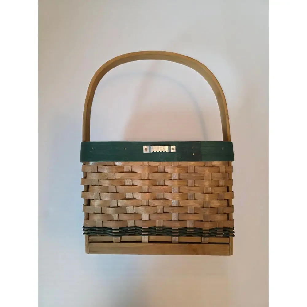 VTG Cabincore Green Woven Hanging Basket Moose Evergreen Key Holder Catchall 90s